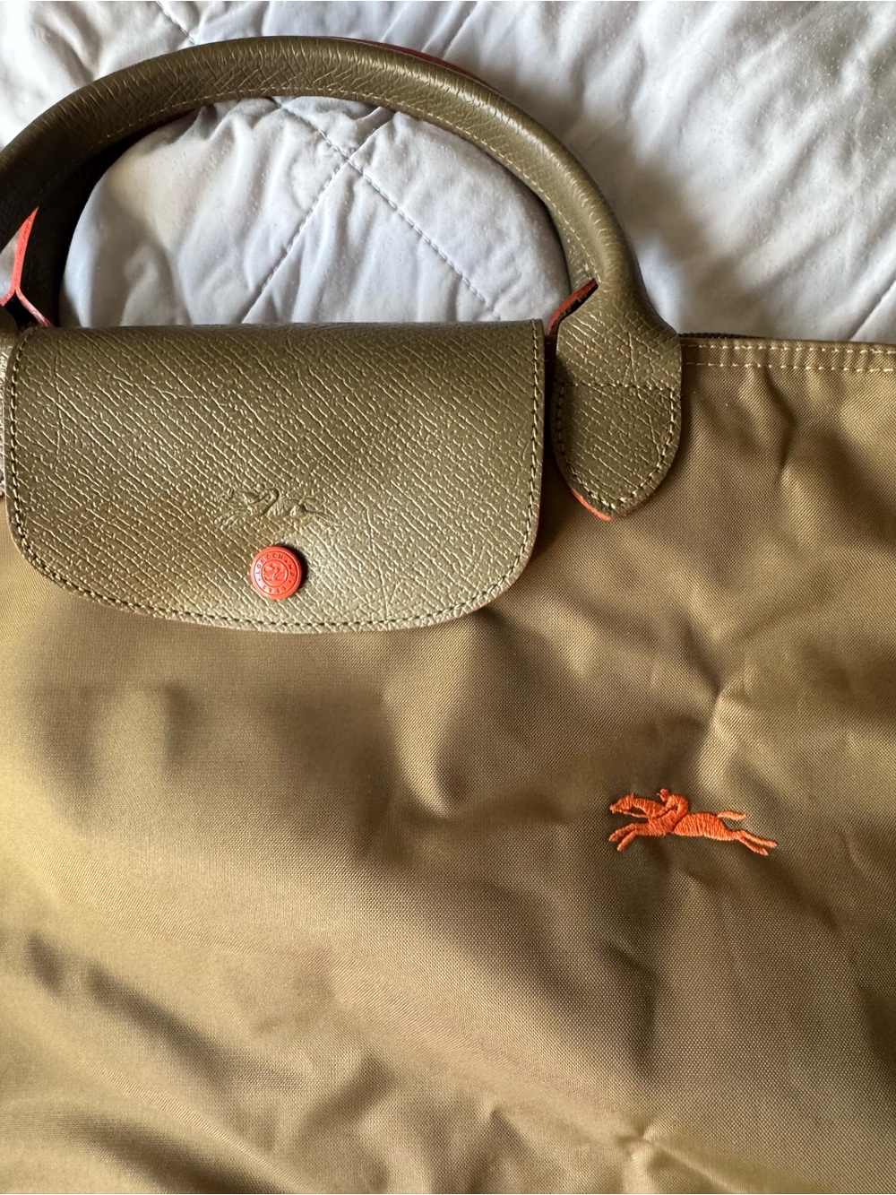 Longchamp Olive Green Nylon Tote with Orange Accent - Picture 3 of 6